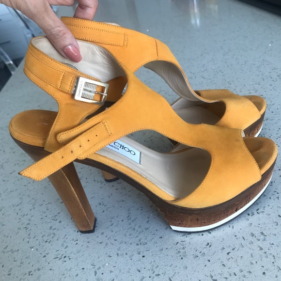 Jimmy Choo Shoes - Jimmy Choo mustard suede with wooden heel